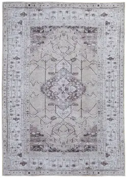 8' X 10' Gray Tan and Ivory Oriental Power Loom Worn Faded Washable Area Rug