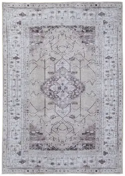 8' X 10' Gray Tan and Ivory Oriental Power Loom Worn Faded Washable Area Rug