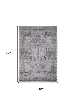 4' X 6' Gray and Ivory Oriental Power Loom Worn Faded Washable Area Rug