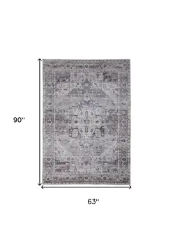 5' X 8' Gray and Ivory Oriental Power Loom Worn Faded Washable Area Rug