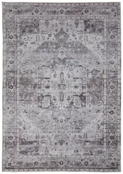 5' X 8' Gray and Ivory Oriental Power Loom Worn Faded Washable Area Rug