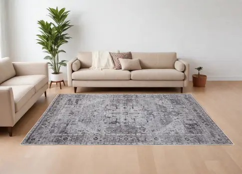 8' X 10' Gray and Ivory Oriental Power Loom Worn Faded Washable Area Rug