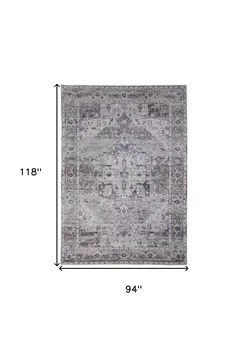 8' X 10' Gray and Ivory Oriental Power Loom Worn Faded Washable Area Rug