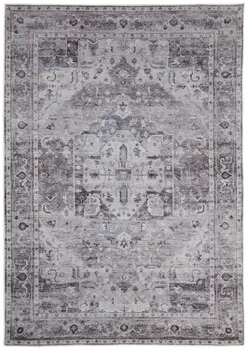 9' X 12' Gray and Ivory Oriental Power Loom Worn Faded Washable Area Rug