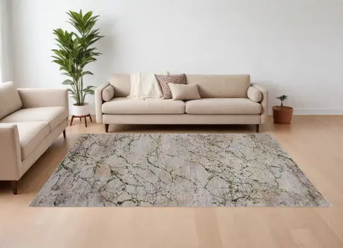 8' X 10' Taupe Green and Tan Abstract Power Loom Area Rug