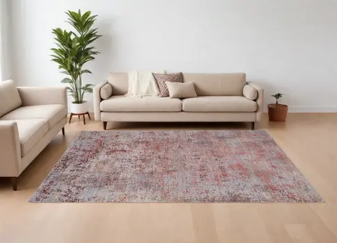 7' X 10' Red and Gray Abstract Power Loom Area Rug