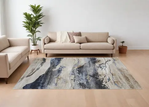 9' X 13' Blue Gray and Tan Abstract Power Loom Area Rug
