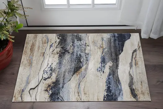 2' X 3' Blue Gray and Tan Abstract Power Loom Area Rug