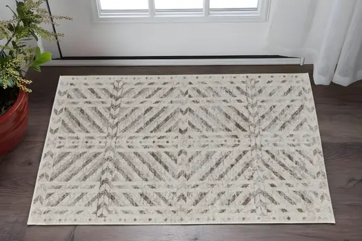 2' X 3' Ivory and Brown Geometric Power Loom Area Rug