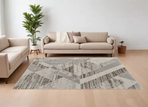 10' X 14' Ivory Gray and Brown Geometric Power Loom Area Rug