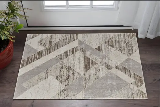 2' X 3' Ivory Gray and Brown Geometric Power Loom Area Rug