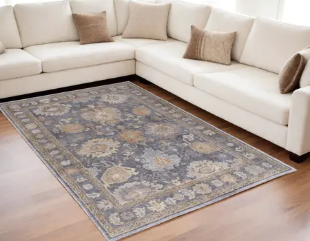 5' X 8' Blue Gray and Tan Oriental Hand Knotted Worn Faded Area Rug