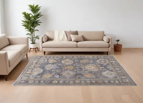 8' X 10' Blue Gray and Tan Oriental Hand Knotted Worn Faded Area Rug