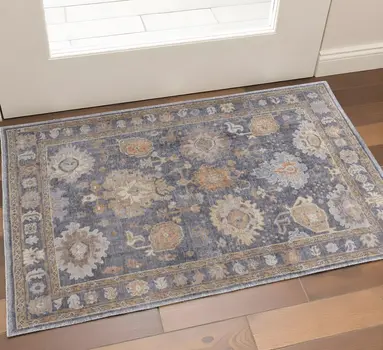 2' X 3' Blue Gray and Tan Oriental Hand Knotted Worn Faded Area Rug