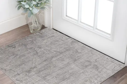 2' X 3' Gray and Ivory Abstract Hand Woven Worn Faded Area Rug
