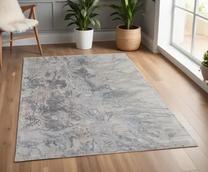 4' X 6' Gray Tan and Green Abstract Hand Tufted Worn Faded Area Rug