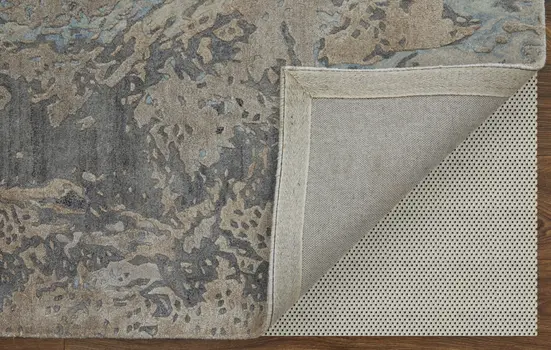 2' X 3' Gray Tan and Green Abstract Hand Tufted Worn Faded Area Rug