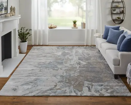 2' X 3' Gray Tan and Green Abstract Hand Tufted Worn Faded Area Rug