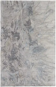 2' X 3' Gray Tan and Green Abstract Hand Tufted Worn Faded Area Rug
