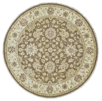 8' Brown Gold and Tan Wool Oriental Hand Knotted Round Rug