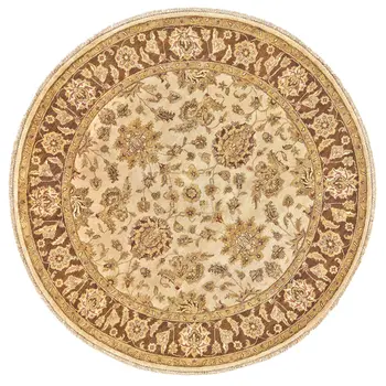8' Ivory Gold and Brown Wool Oriental Hand Knotted Round Rug