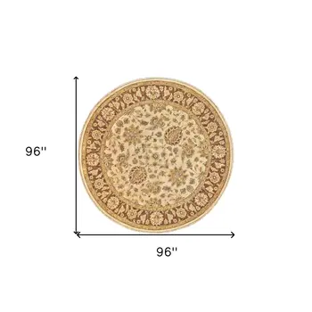 8' Ivory Gold and Brown Wool Oriental Hand Knotted Round Rug