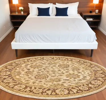 8' Ivory Gold and Brown Wool Oriental Hand Knotted Round Rug