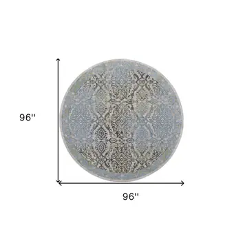 8' Blue Green and Gray Floral Power Loom Worn Faded Round Rug