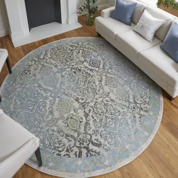 8' Blue Green and Gray Floral Power Loom Worn Faded Round Rug