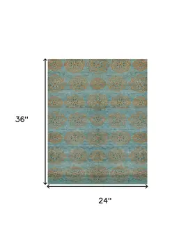 2' X 3' Green and Brown Floral Hand Knotted Worn Faded Area Rug