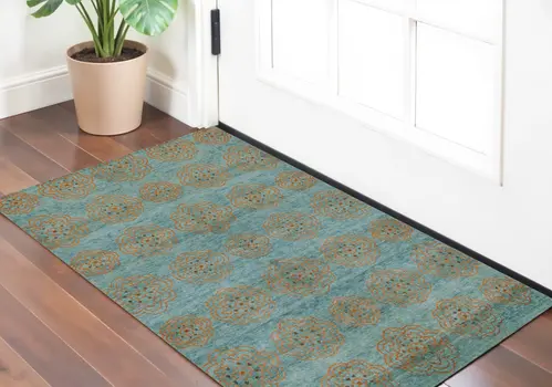 2' X 3' Green and Brown Floral Hand Knotted Worn Faded Area Rug