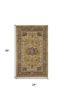 2' X 3' Tan Brown and Gold Wool Oriental Hand Knotted Area Rug