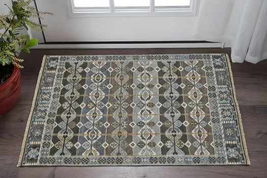2' X 3' Blue Brown and Gray Wool Southwestern Hand Knotted Area Rug