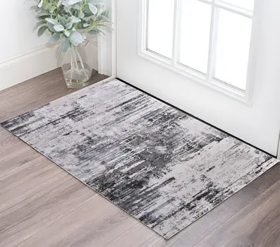 2' X 3' Ivory and Gray Abstract Power Loom Worn Faded Area Rug