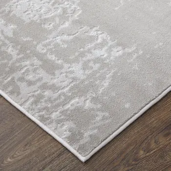 2' X 3' Ivory and Silver Abstract Power Loom Worn Faded Area Rug