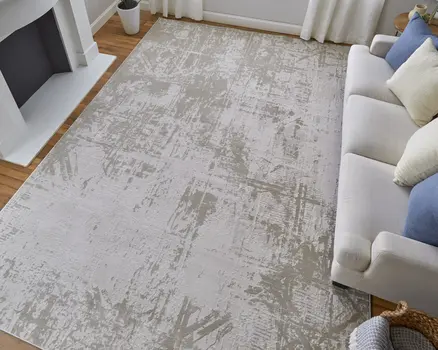 2' X 3' Ivory and Silver Abstract Power Loom Worn Faded Area Rug