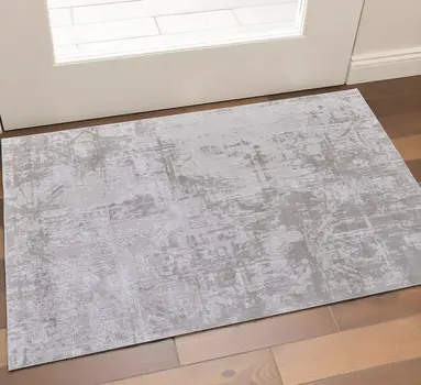 2' X 3' Ivory and Silver Abstract Power Loom Worn Faded Area Rug