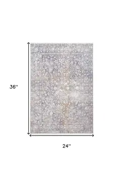 2' X 3' Gray and Orange Abstract Power Loom Worn Faded Area Rug With Fringe