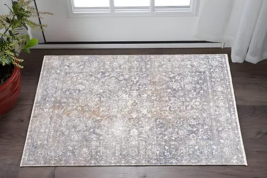 2' X 3' Gray and Orange Abstract Power Loom Worn Faded Area Rug With Fringe