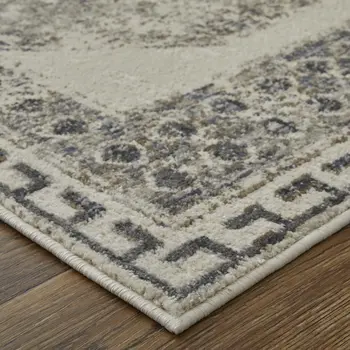 2' X 3' Gray Ivory and Taupe Abstract Power Loom Worn Faded Area Rug