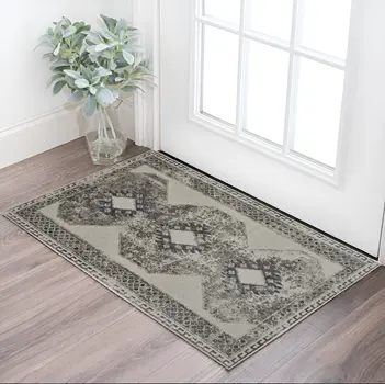 2' X 3' Gray Ivory and Taupe Abstract Power Loom Worn Faded Area Rug
