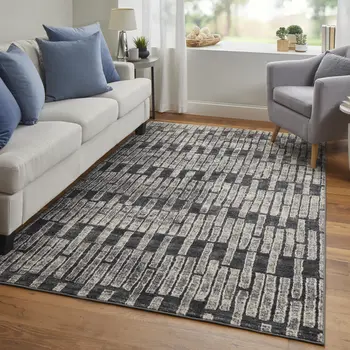 2' X 3' Gray Black and Ivory Geometric Power Loom Worn Faded Area Rug
