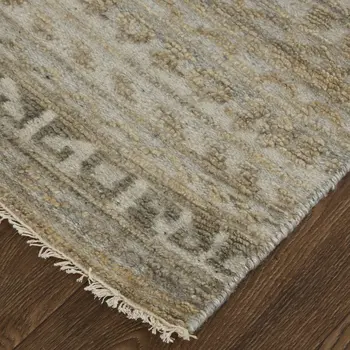 2' X 3' Ivory Gold and Tan Geometric Hand Knotted Worn Faded Area Rug