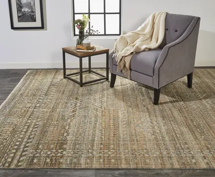 2' X 3' Ivory Gold and Tan Geometric Hand Knotted Worn Faded Area Rug