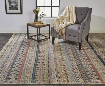 2' X 3' Tan Orange and Blue Striped Hand Knotted Area Rug
