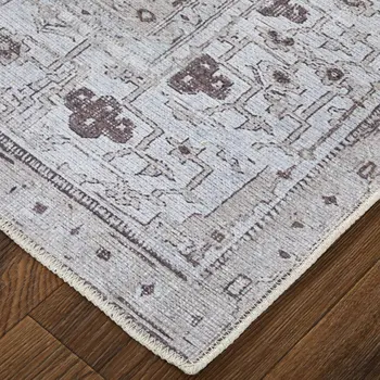 2' X 3' Tan and Gray Oriental Power Loom Worn Faded Washable Area Rug