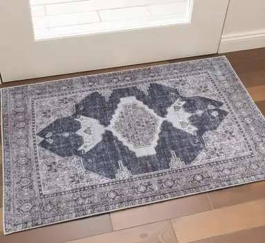2' X 3' Gray Ivory and Taupe Oriental Power Loom Washable Area Rug