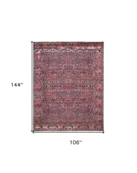 9' X 12' Red Gray and Orange Damask Power Loom Worn Faded Washable Area Rug