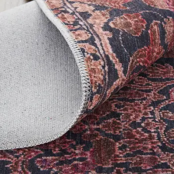 9' X 12' Red Gray and Orange Damask Power Loom Worn Faded Washable Area Rug
