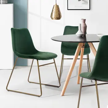 Set of Two Dark Green and Gold Upholstered Velvet Dining Side Chairs
